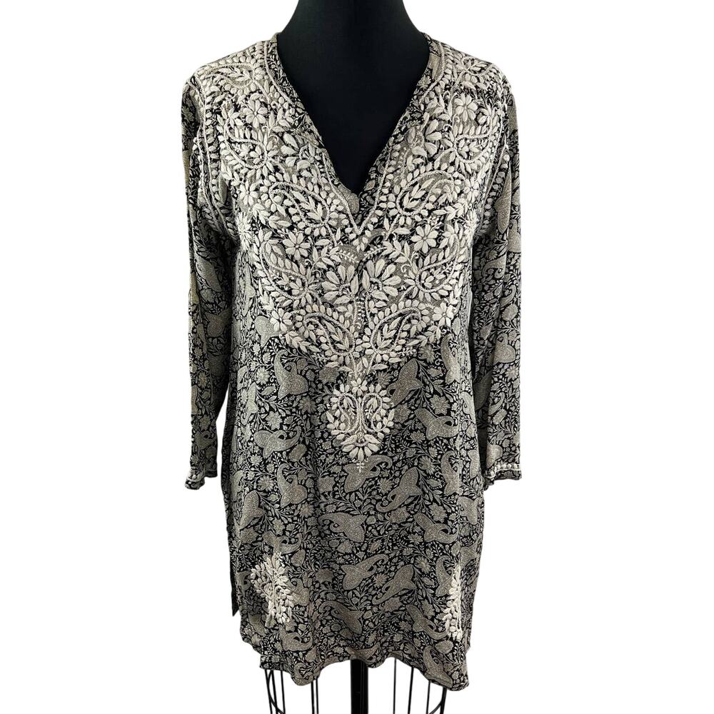 Kimaya Kama Gray White Floral Embroidered V-Neck Long Sleeve Kurta Tunic 38 M